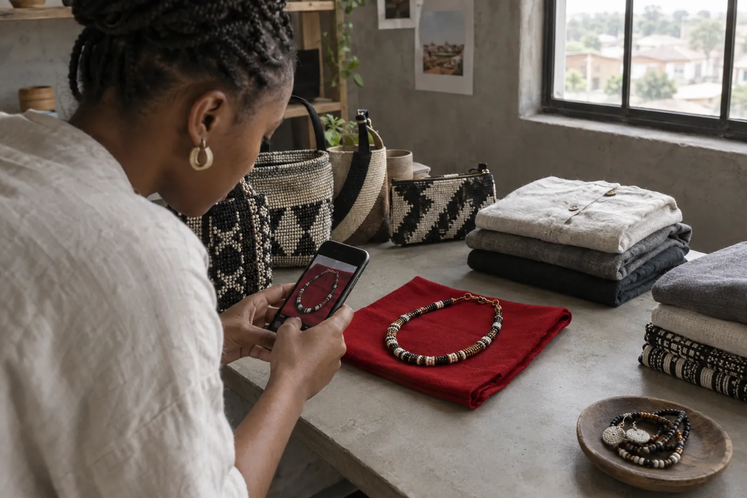 A young entrepreneur photographs a beaded necklace with her phone for her online shop