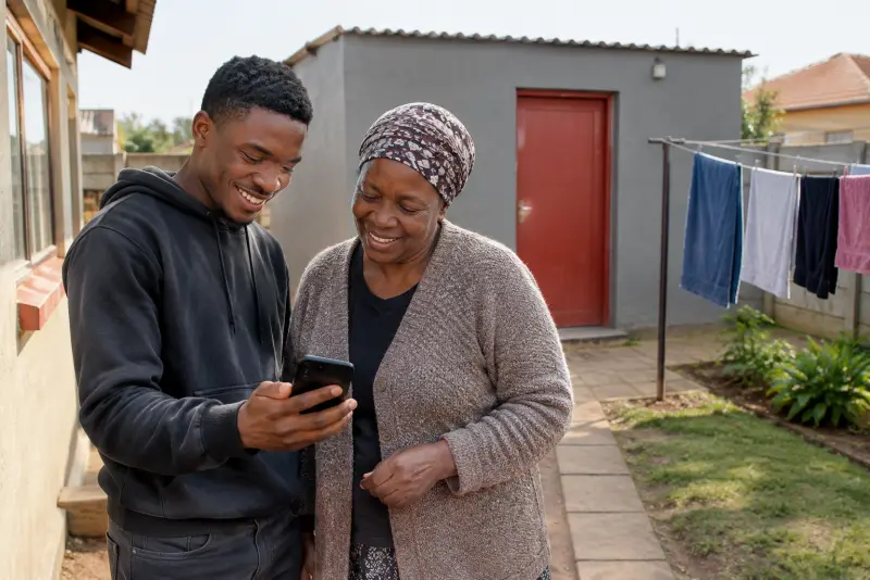A young tenant and his landlady smiling at a phone in a back yard, in front of a grey backroom with a red door