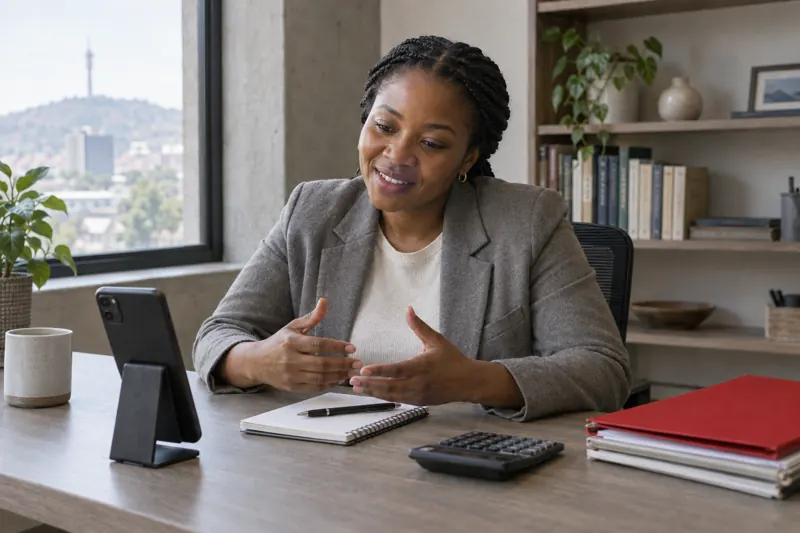 A professional adviser speaks to a client on a phone call at her desk in Pretoria